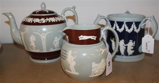 Copeland Late Spode relief-decorated blue & grey tyg & similar brown & grey teapot & drinking jug (3)